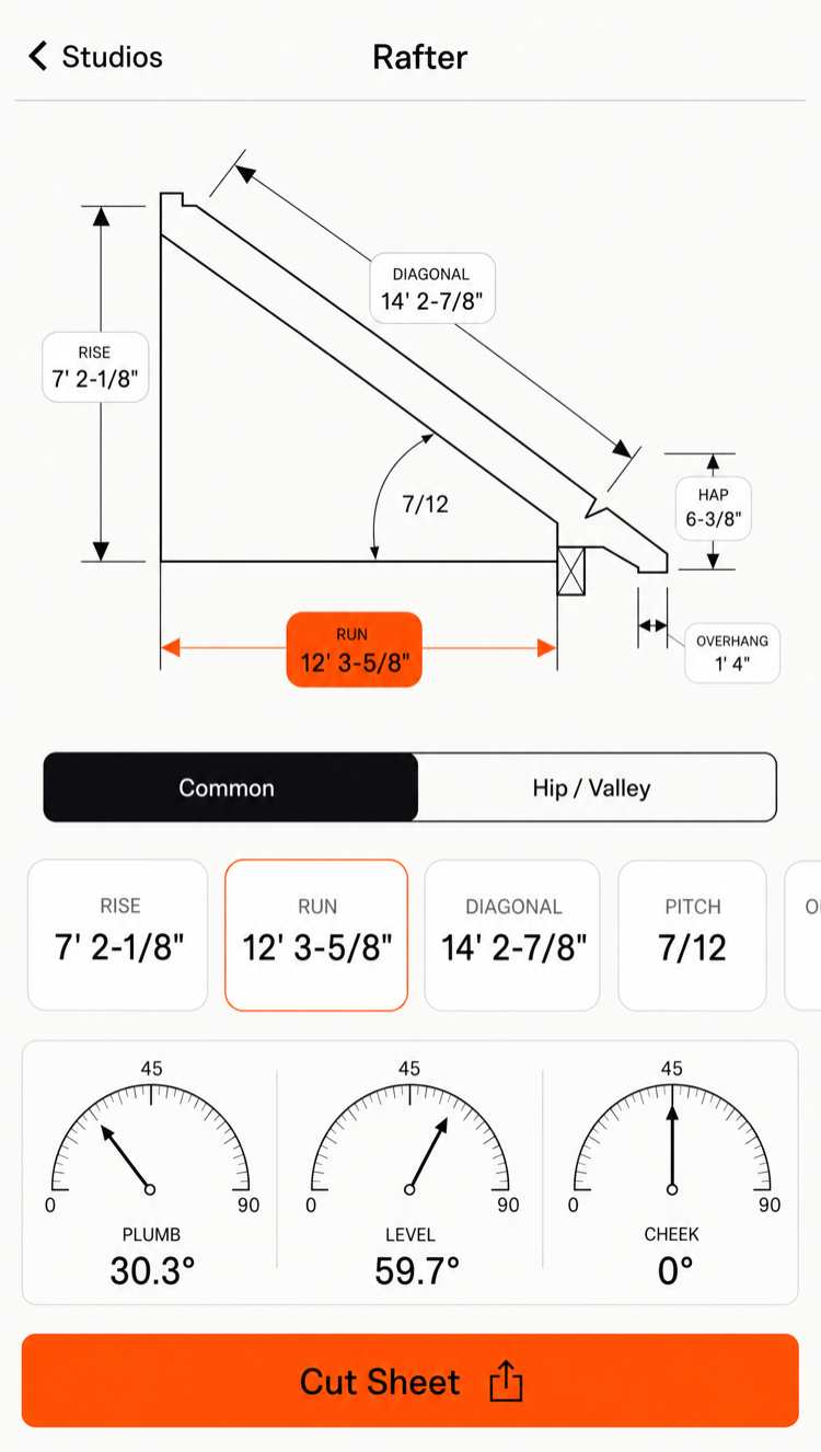 Rafter Studio screen showing a live rafter triangle diagram with rise, run, pitch 7/12, plumb cut 30.26°, and a jack rafter table