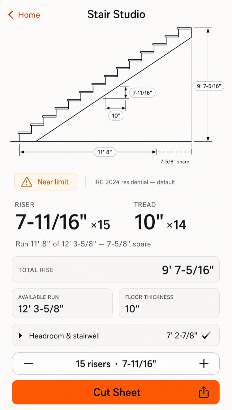 Stair Studio screen with a stringer profile diagram showing 13 risers at 7 9/16 inches and a limits badge showing the result is within configured IRC 2024 residential limits