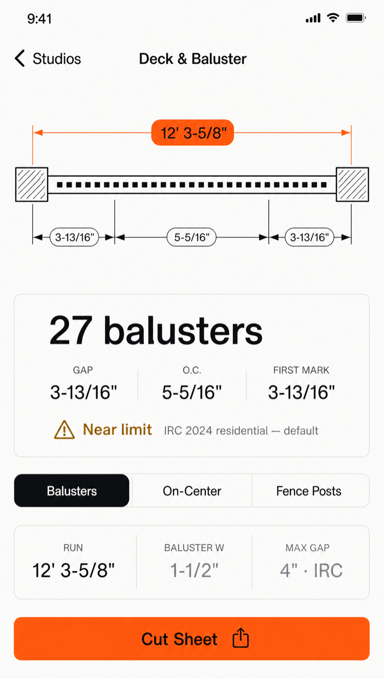Deck and Baluster Studio showing a top-view baluster layout diagram with 17 balusters at 4 inches center-to-center and a first mark of 3 7/8 inches
