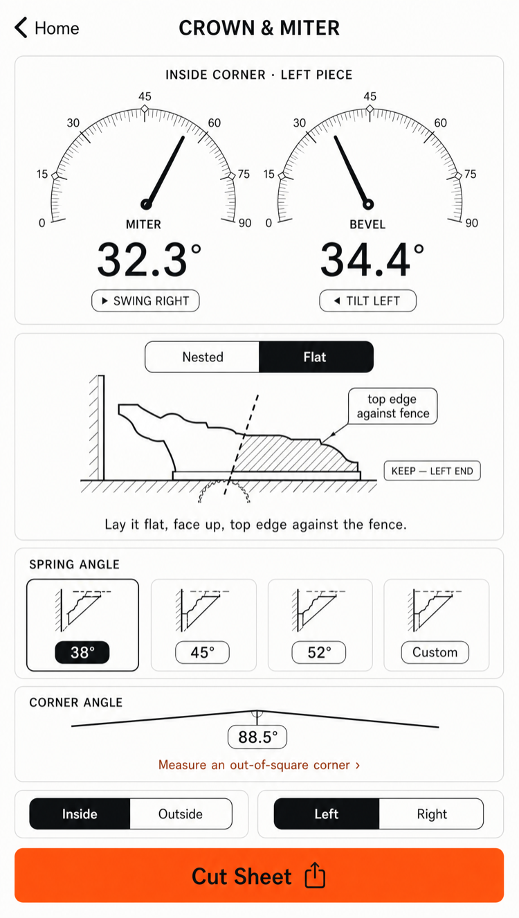 Crown and Miter Studio showing a 38-degree spring angle crown with miter 31.6 degrees and bevel 33.9 degrees displayed as saw-dial graphics, with a nested cutting orientation illustration