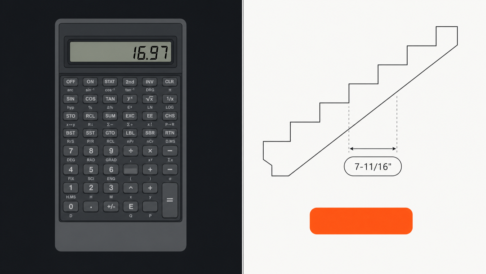 TrueCut showing a dimensioned stair stringer diagram alongside a traditional seven-segment calculator display