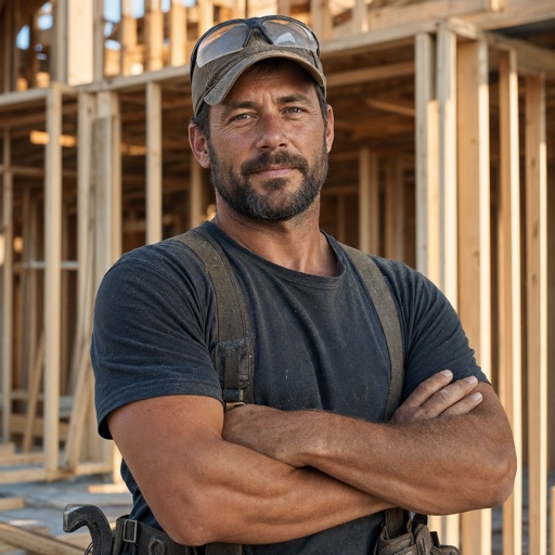 A framer working on a roof deck in full sun, tools on belt
