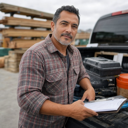 A general contractor reviewing plans at a truck tailgate